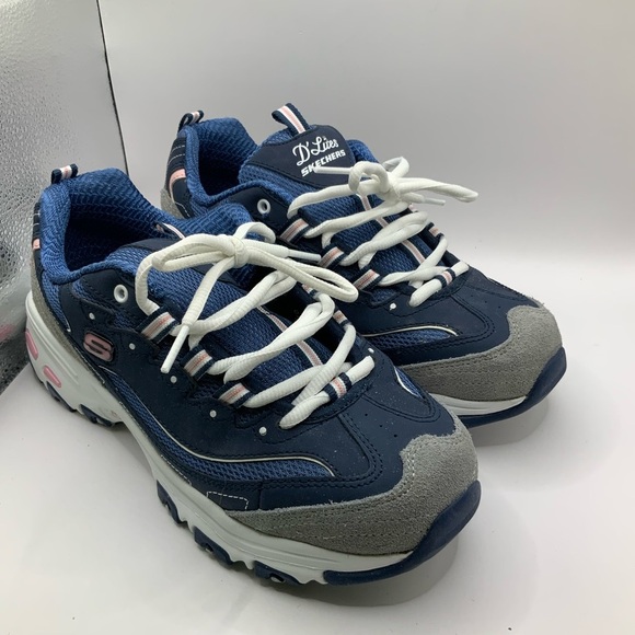 Skeckers Sports Woman's D'Lites Blue Pink Memory Foam Lace Up Wide Fit - 8 - Picture 2 of 9